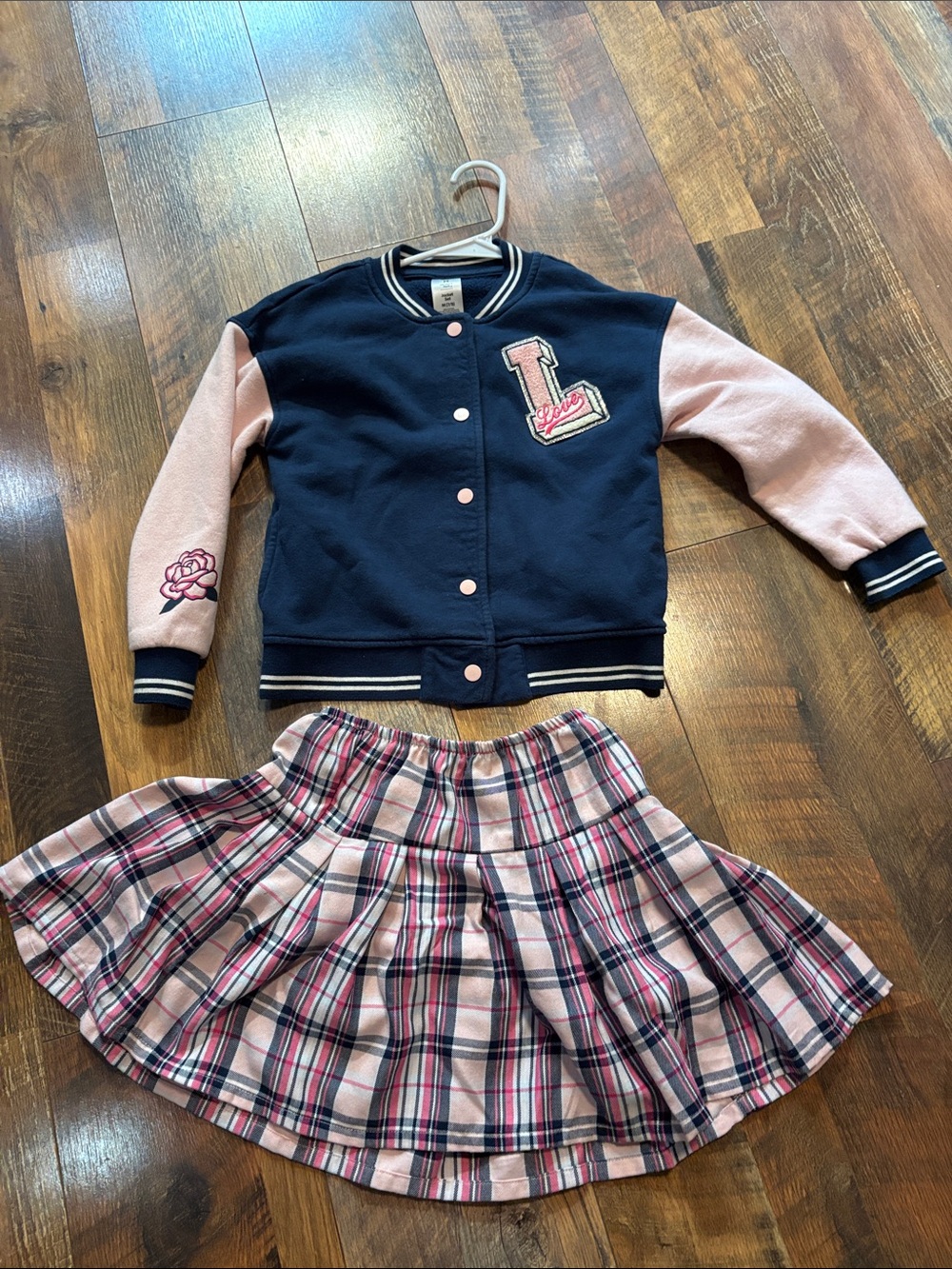 Girls Navy blue and Pink Varsity Jacket  set with skirt Love Patch size 7/8